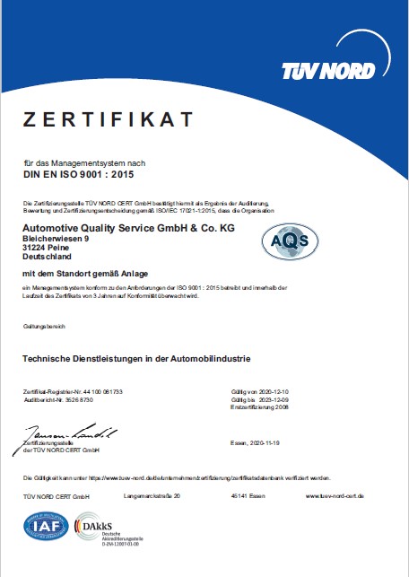 Zertifikat Automotive Quality Service Peine_ISO 9001